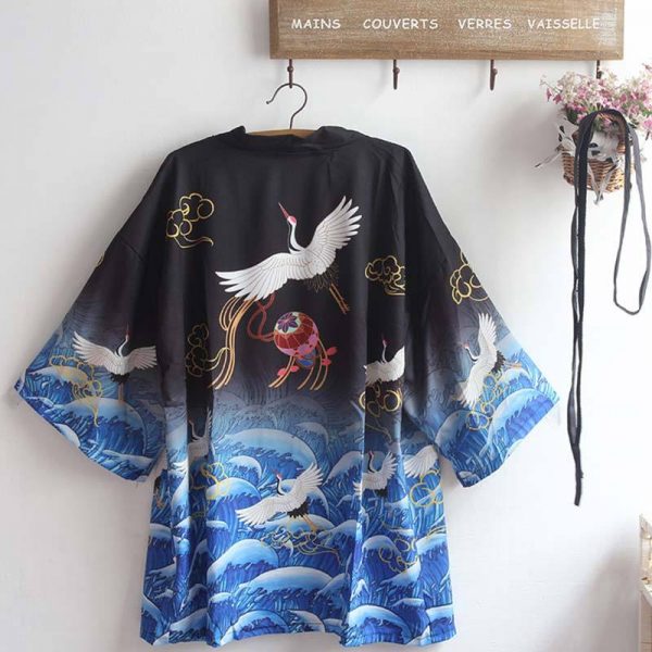 Crane Print Japanese Belted Kimono Outerwear Sun Protective - Modakawa Modakawa